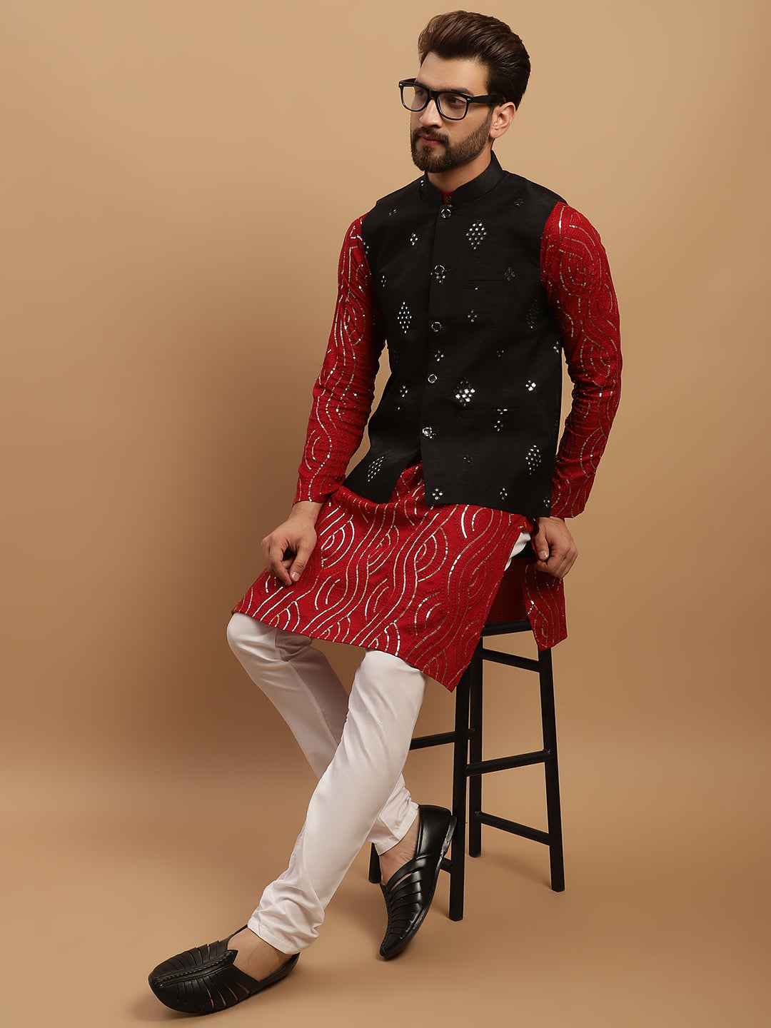 Men's Cotton Maroon Kurta and White Pyjama With Black Nehru Jacket