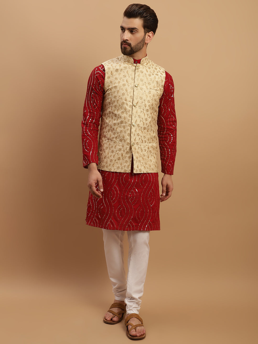 Men's Pure Cotton Maroon Kurta and White Pyjama With Beige Nehru Jacket Set