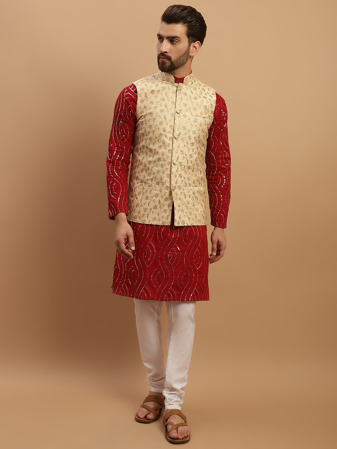 Sojanya Men's Pure Cotton Maroon Kurta and White Pyjama With Beige Neh