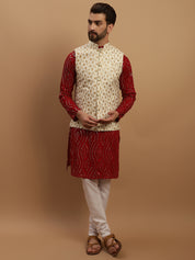 Men's Pure Cotton Maroon Kurta and White Pyjama With Cream Nehru Jacket Set