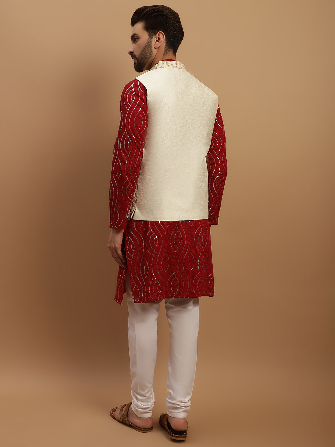 Men's Pure Cotton Maroon Kurta and White Pyjama With Cream Nehru Jacket Set