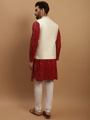 Sojanya Men's Pure Cotton Maroon Kurta and White Pyjama With Cream Nehru Jacket Set