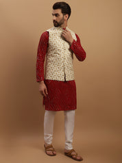 Sojanya Men's Pure Cotton Maroon Kurta and White Pyjama With Cream Nehru Jacket Set