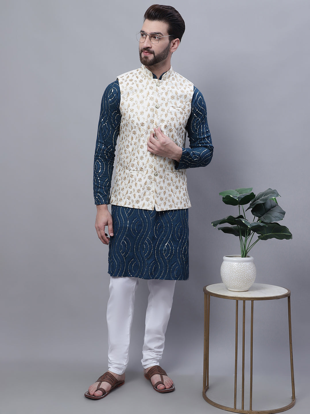 Men's Pure Cotton Teal Blue Kurta and White Pyjama With Cream Nehru Jacket Set