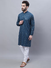 Men's Pure Cotton Teal Blue Kurta and White Pyjama With Cream Nehru Jacket Set