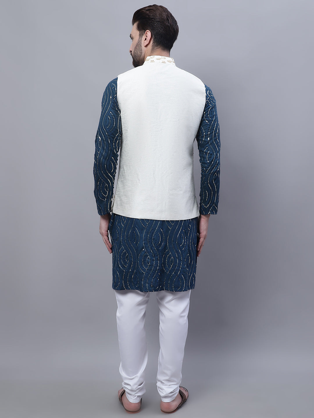 Men's Pure Cotton Teal Blue Kurta and White Pyjama With Cream Nehru Jacket Set