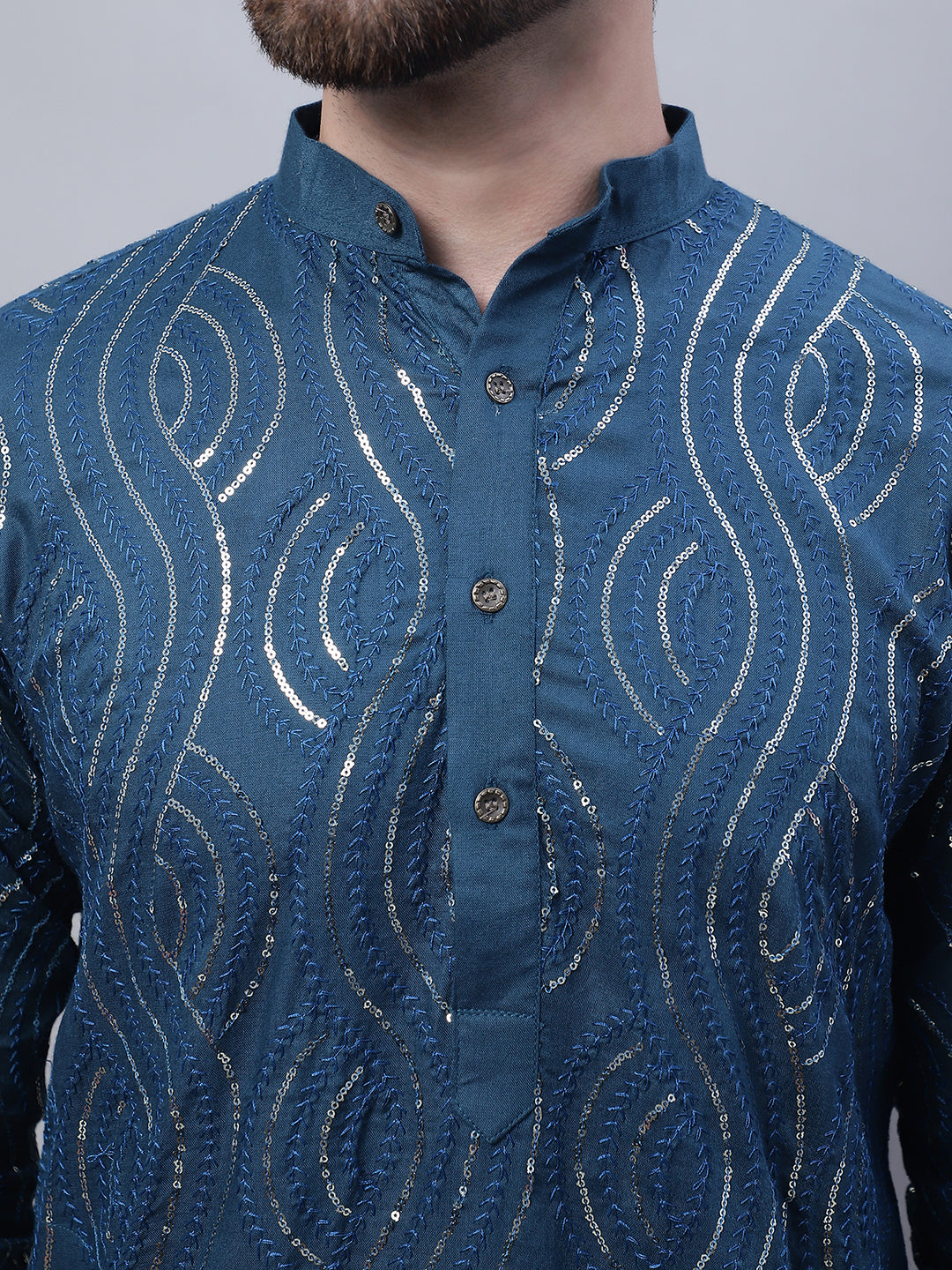 Men's Pure Cotton Teal Blue Kurta and White Pyjama With Cream Nehru Jacket Set