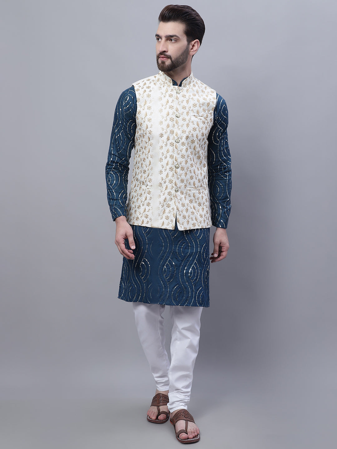 Men's Pure Cotton Teal Blue Kurta and White Pyjama With Cream Nehru Jacket Set