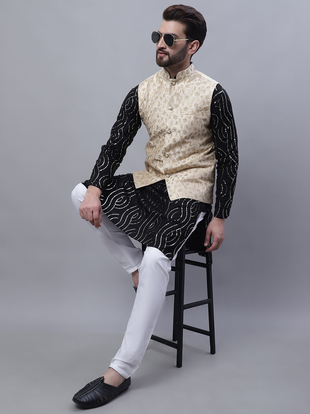 Men's Pure Cotton Black Kurta and White Pyjama With Beige Nehru Jacket Set