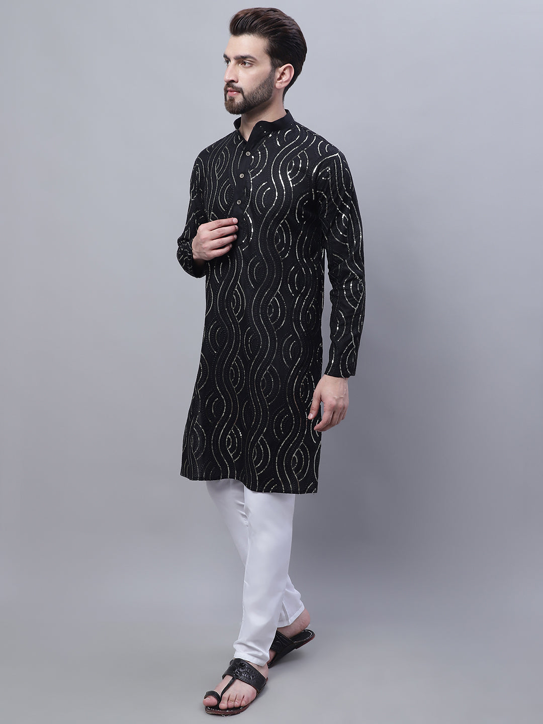 Men's Pure Cotton Black Kurta and White Pyjama With Beige Nehru Jacket Set