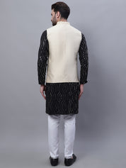 Men's Pure Cotton Black Kurta and White Pyjama With Beige Nehru Jacket Set