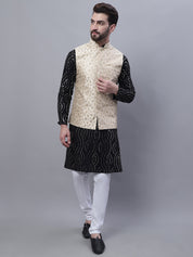 Men's Pure Cotton Black Kurta and White Pyjama With Beige Nehru Jacket Set