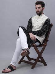 Men's Pure Cotton Black Kurta and White Pyjama With Cream Nehru Jacket Set