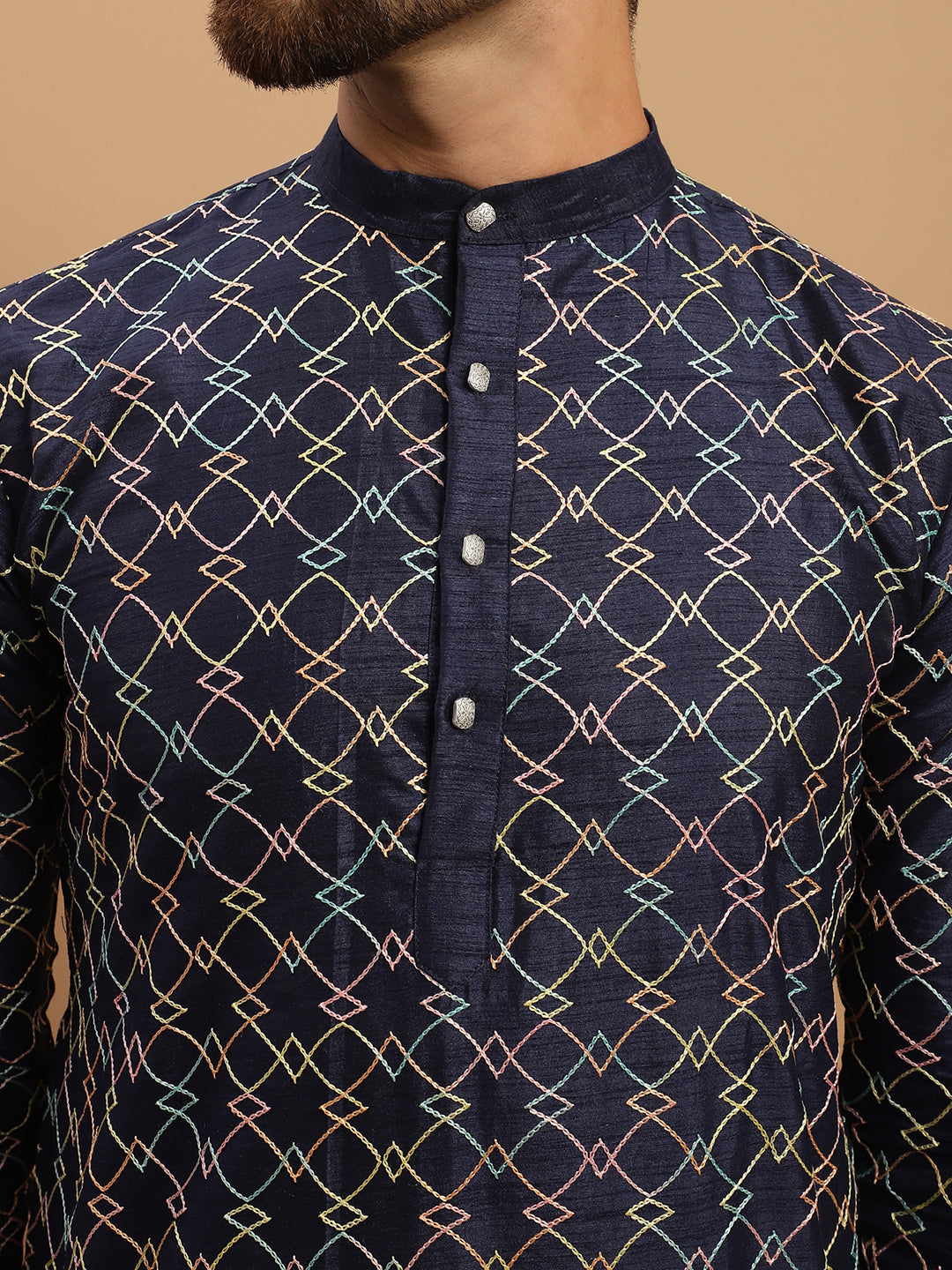 Men's Silk Blend Navy Blue Kurta and Cream Pyjama With Beige Nehru Jacket Set