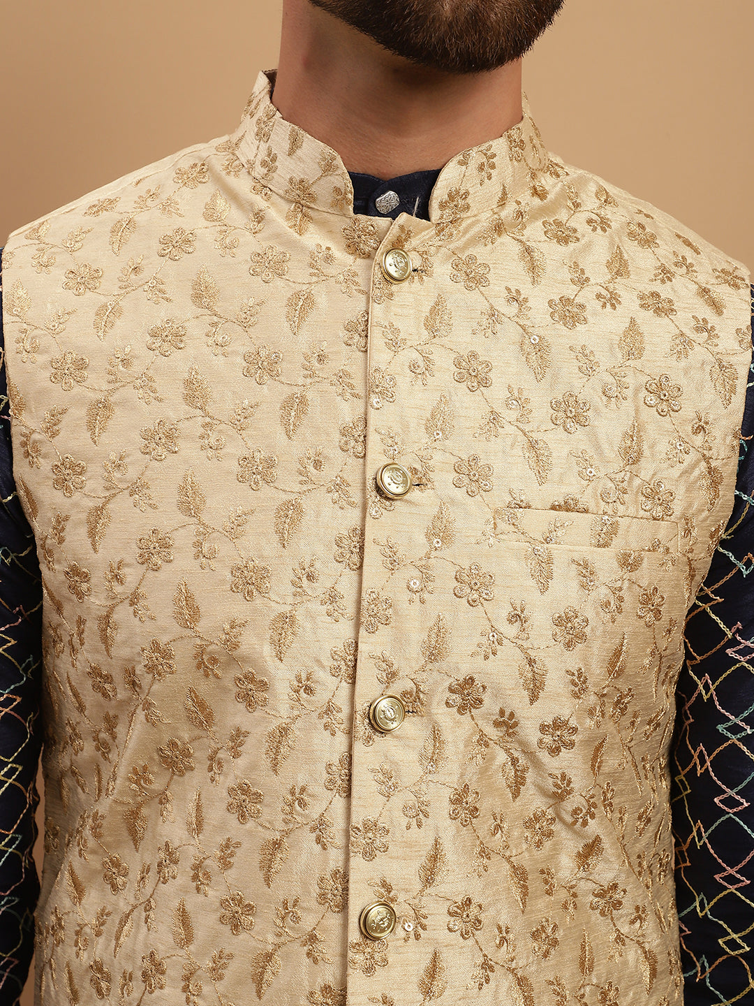 Men's Silk Blend Navy Blue Kurta and Cream Pyjama With Beige Nehru Jacket Set