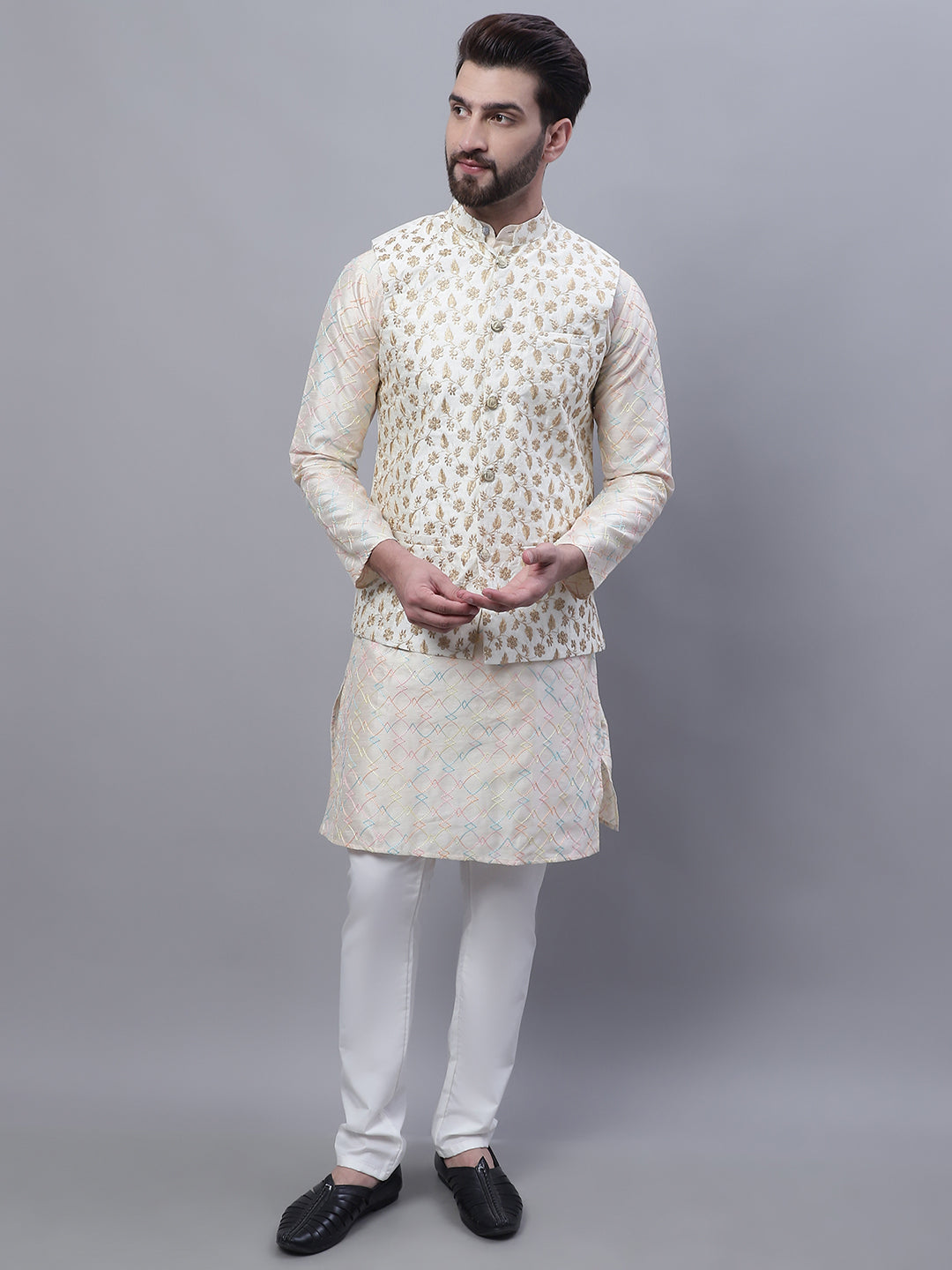 Men's Silk Blend Cream Kurta and Cream Pyjama With Cream Nehru Jacket Set
