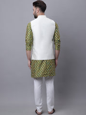 Sojanya Men's Silk Blend Olive Kurta and Cream Pyjama With Cream Nehru Jacket Set