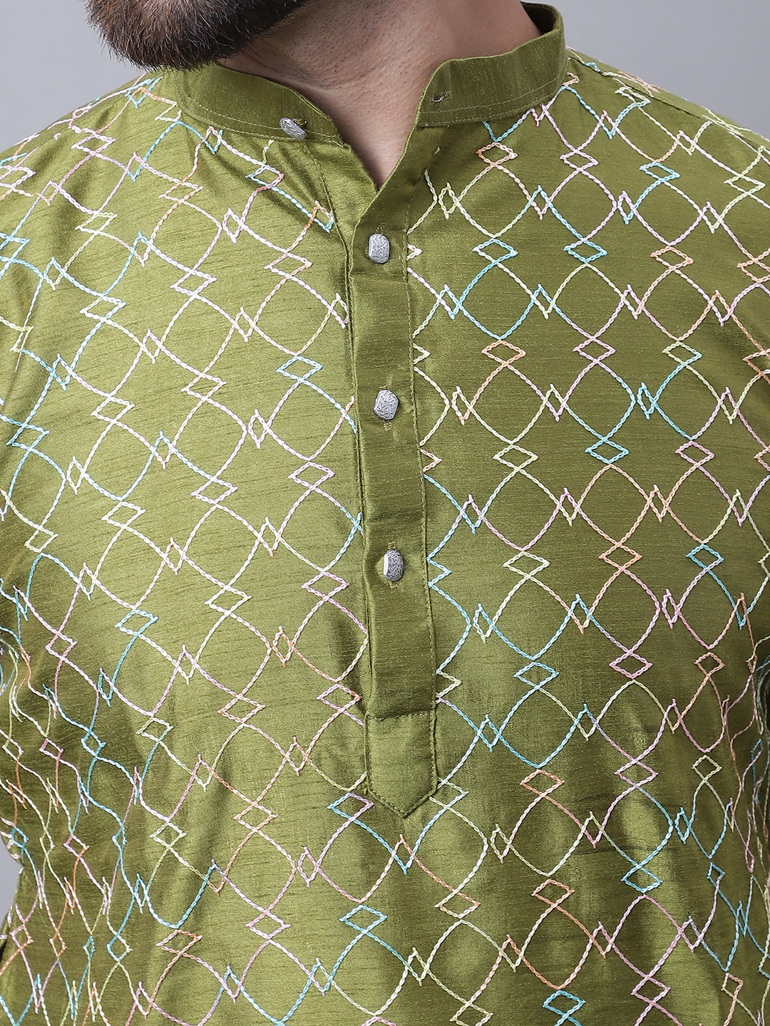 Sojanya Men's Silk Blend Olive Kurta and Cream Pyjama With Cream Nehru Jacket Set