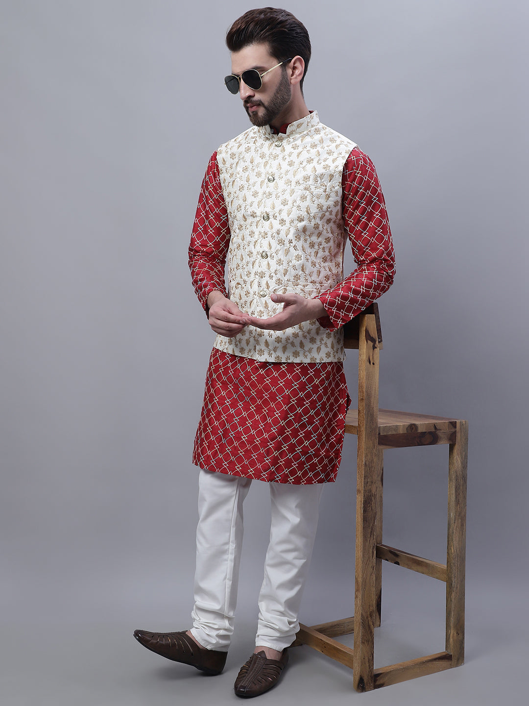 Men's Silk Blend Maroon Kurta and Cream Pyjama With Cream Nehru Jacket Set