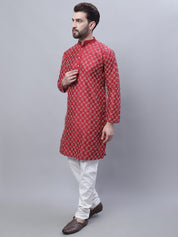 Men's Silk Blend Maroon Kurta and Cream Pyjama With Cream Nehru Jacket Set