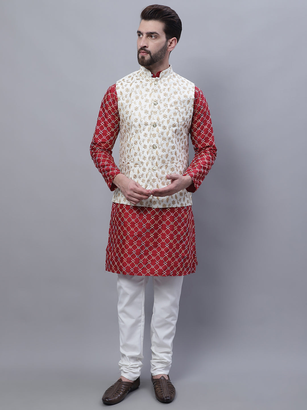 Men's Silk Blend Maroon Kurta and Cream Pyjama With Cream Nehru Jacket Set