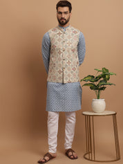 Men's Cotton Linen Blue Kurta and White Pyjama With Cream Nehru Jacket Set