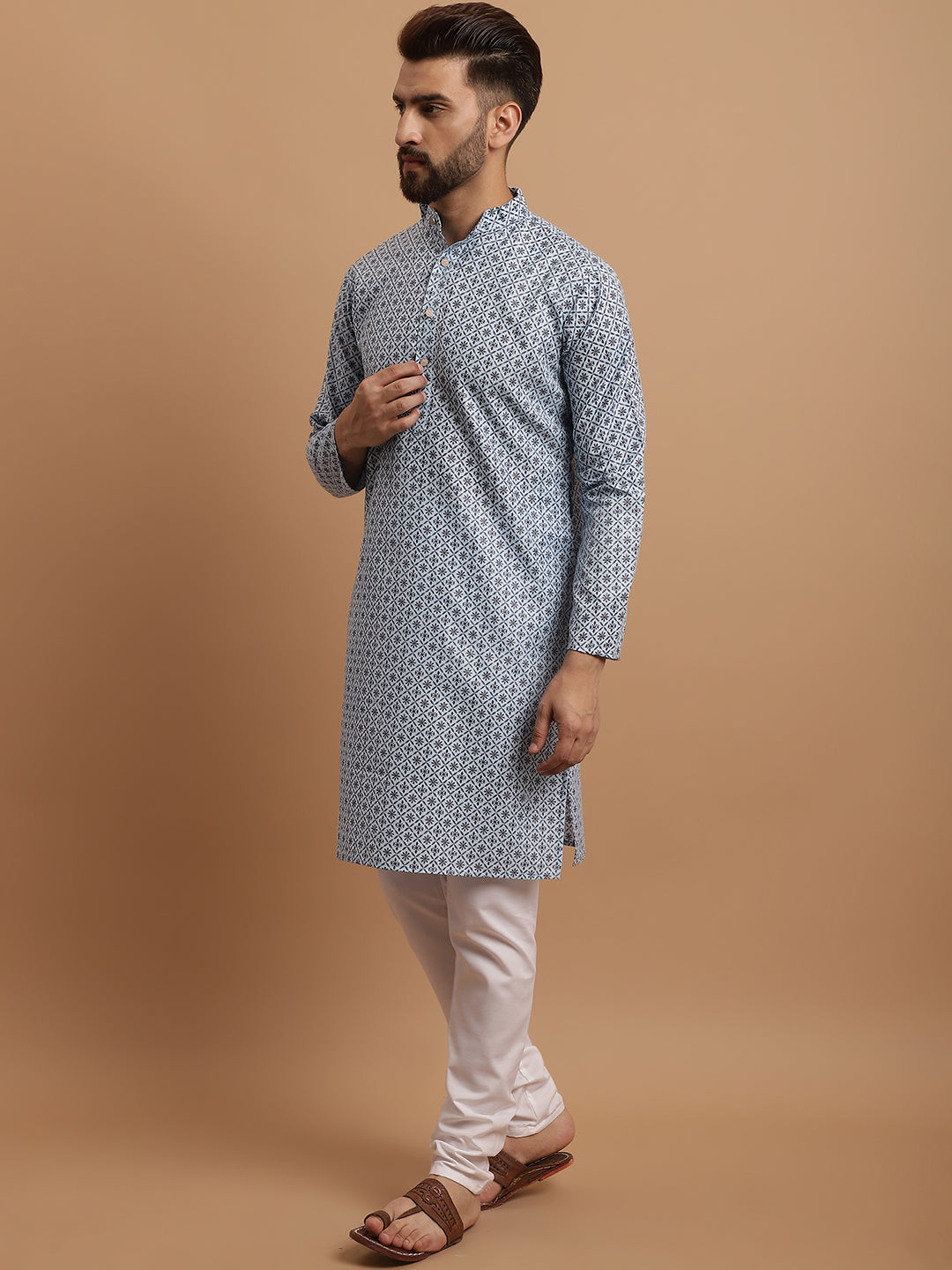 Men's Cotton Linen Blue Kurta and White Pyjama With Cream Nehru Jacket Set