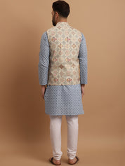 Men's Cotton Linen Blue Kurta and White Pyjama With Cream Nehru Jacket Set