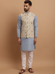 Sojanya Men's Cotton Linen Blue Kurta and White Pyjama With Cream Nehru Jacket Set