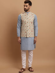 Men's Cotton Linen Blue Kurta and White Pyjama With Cream Nehru Jacket Set