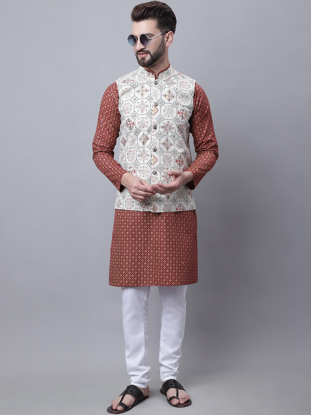 Men's Cotton Linen Maroon Kurta and White Pyjama With Cream Nehru Jacket Set