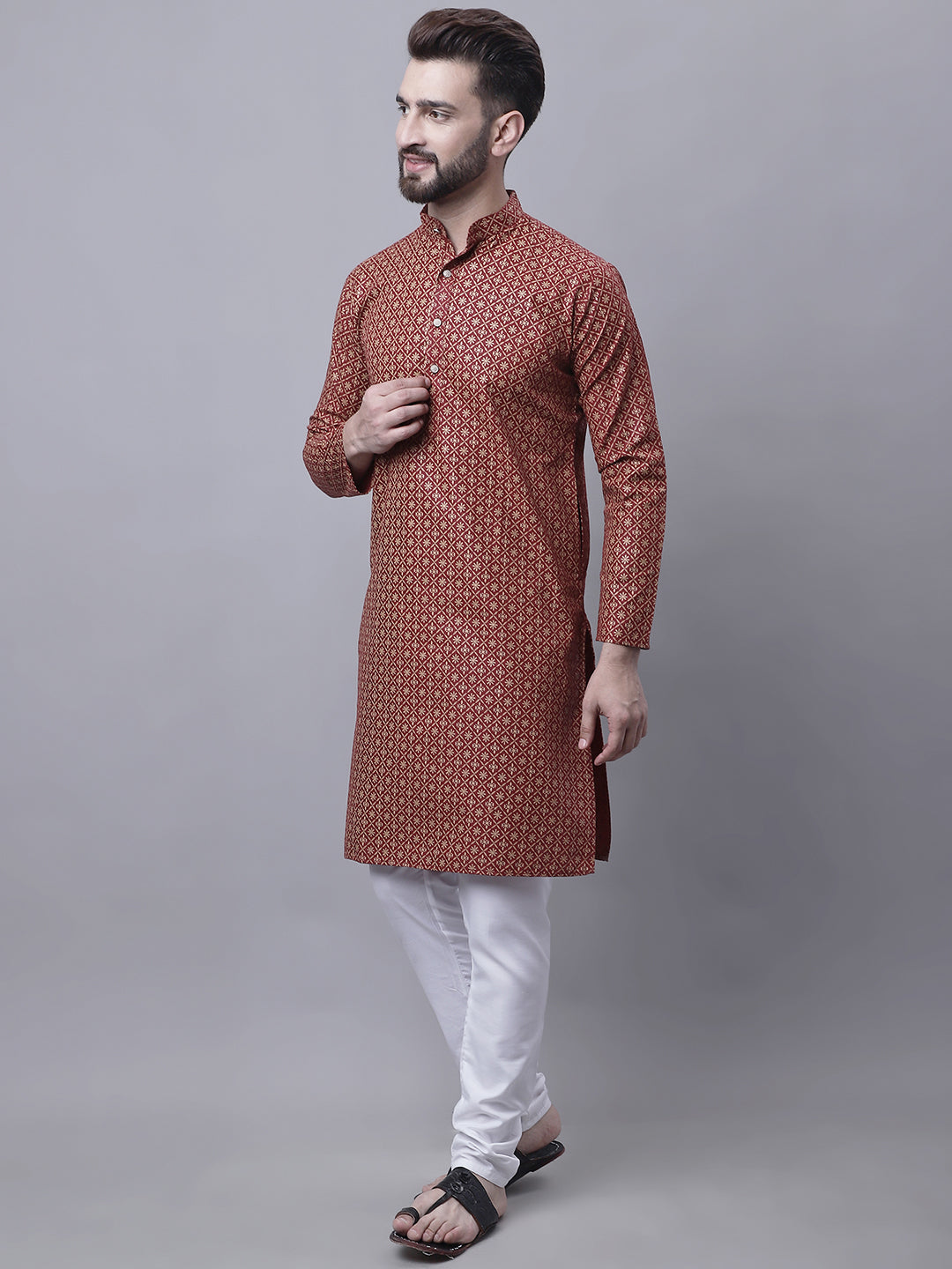 Men's Cotton Linen Maroon Kurta and White Pyjama With Cream Nehru Jacket Set