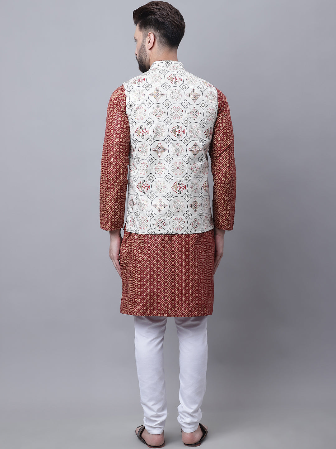 Men's Cotton Linen Maroon Kurta and White Pyjama With Cream Nehru Jacket Set