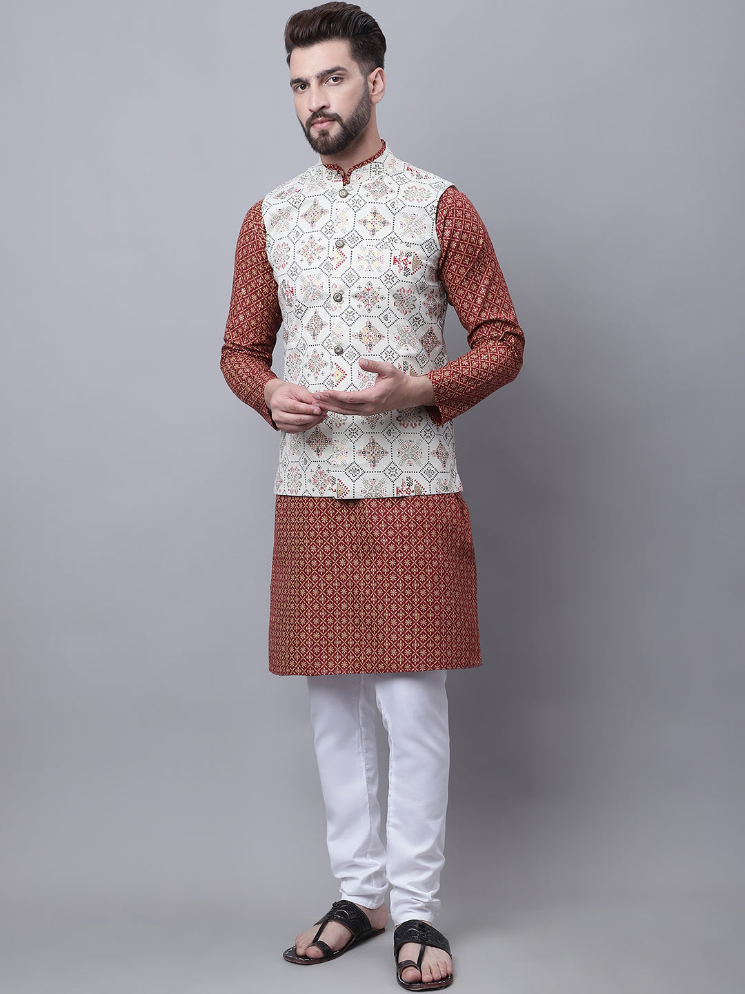 Men's Cotton Linen Maroon Kurta and White Pyjama With Cream Nehru Jacket Set