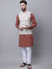 Men's Cotton Linen Maroon Kurta and White Pyjama With Cream Nehru Jacket Set