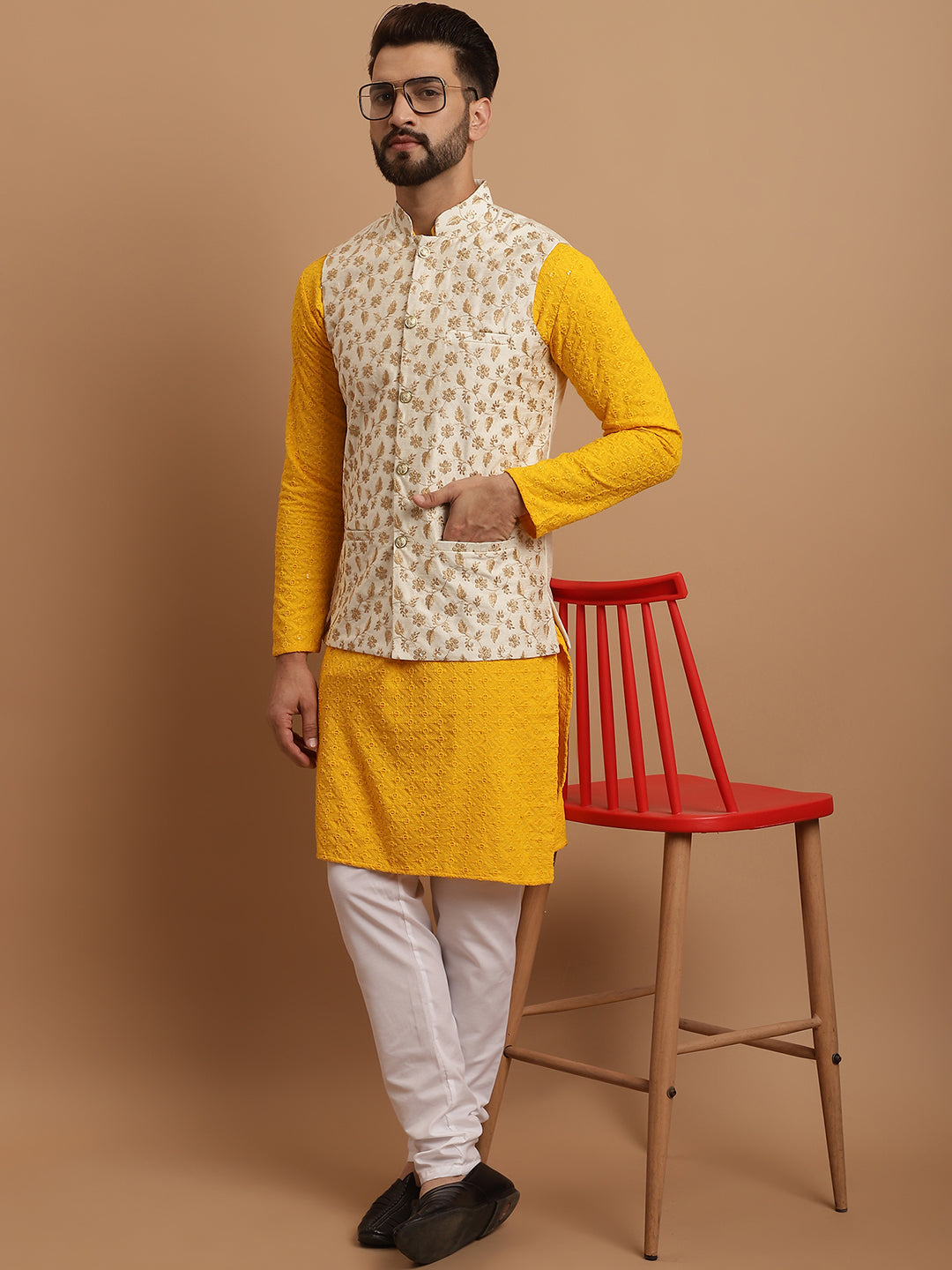 Men's Cotton Mustard Kurta and White Pyjama Cream Nehrujacket Set