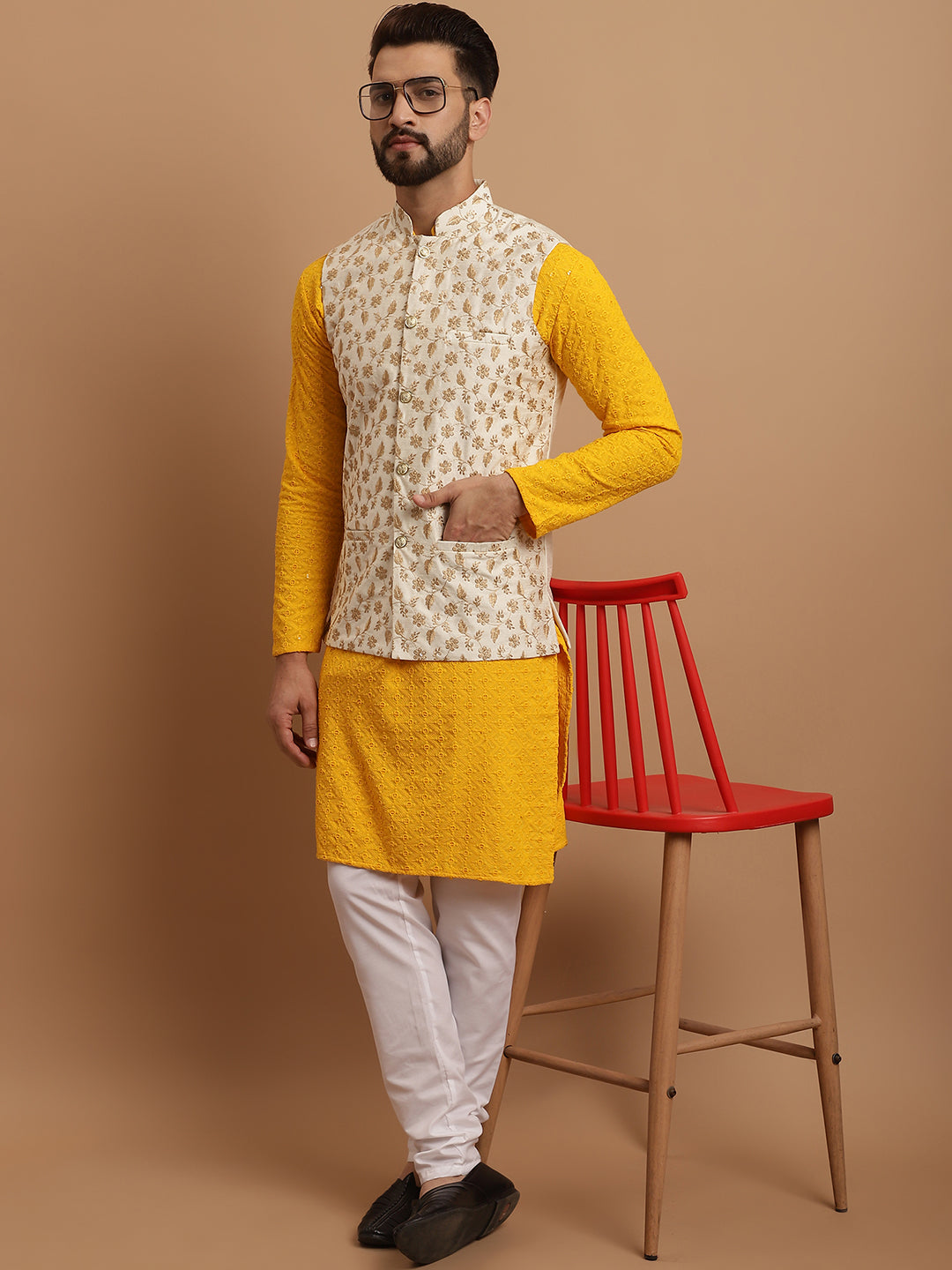 Sojanya Men's Cotton Mustard Kurta and White Pyjama Cream Nehrujacket Set