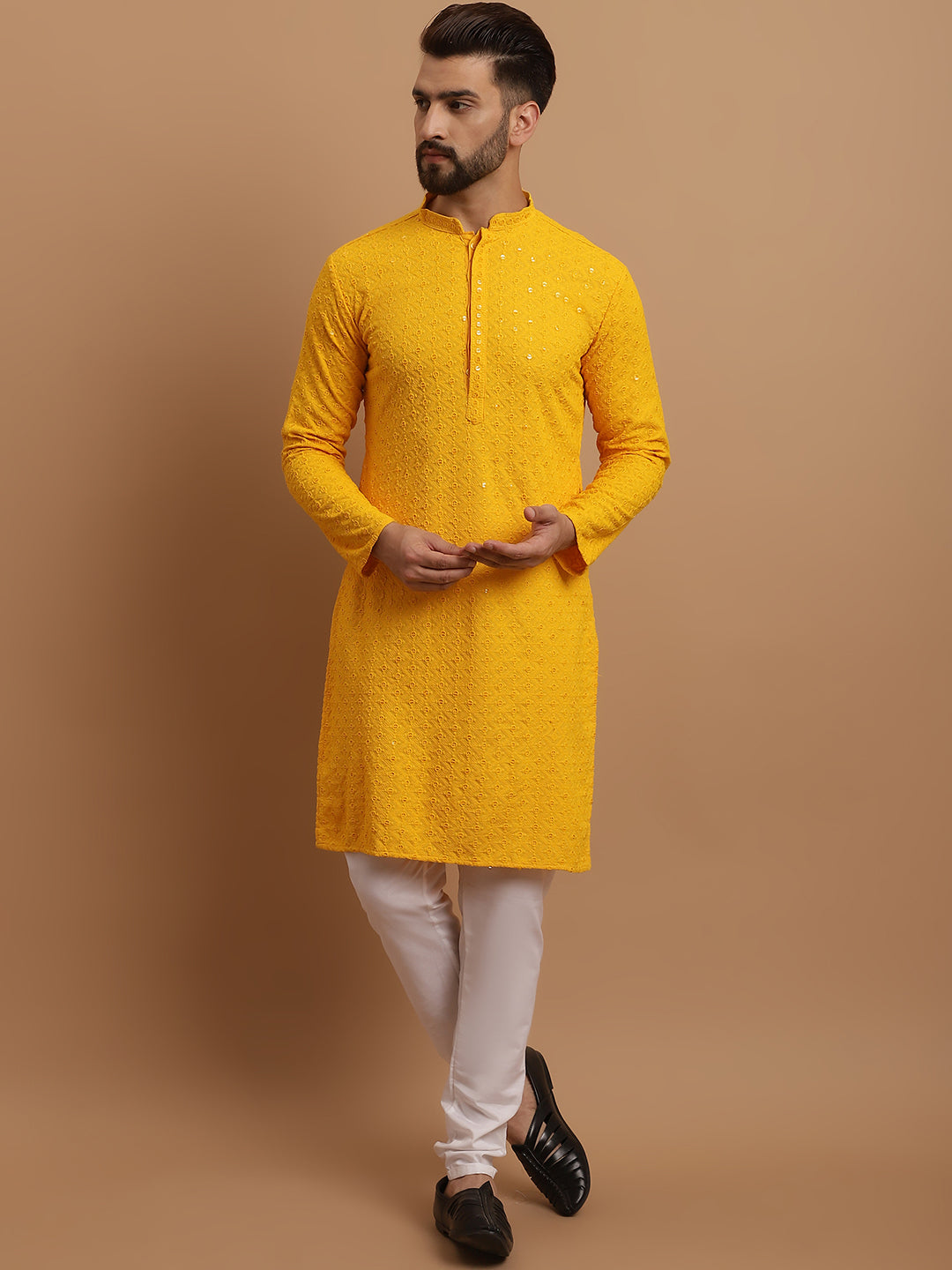 Men's Cotton Mustard Kurta and White Pyjama Cream Nehrujacket Set