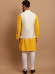 Men's Cotton Mustard Kurta and White Pyjama Cream Nehrujacket Set