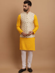 Men's Cotton Mustard Kurta and White Pyjama Cream Nehrujacket Set