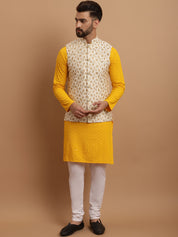 Sojanya Men's Cotton Mustard Kurta and White Pyjama Cream Nehrujacket Set