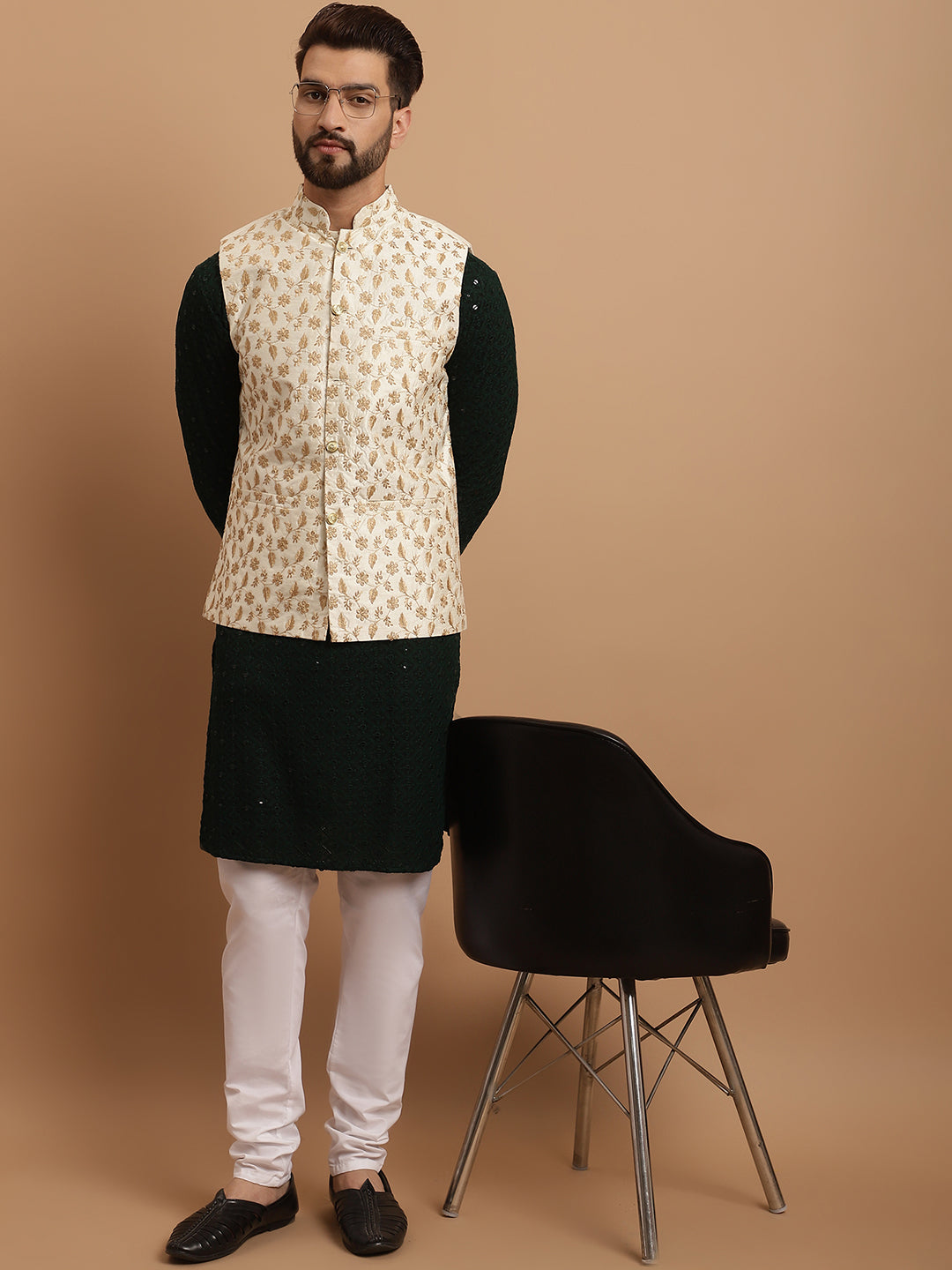 Men's Cotton Green Kurta and White Pyjama Cream Nehrujacket Set