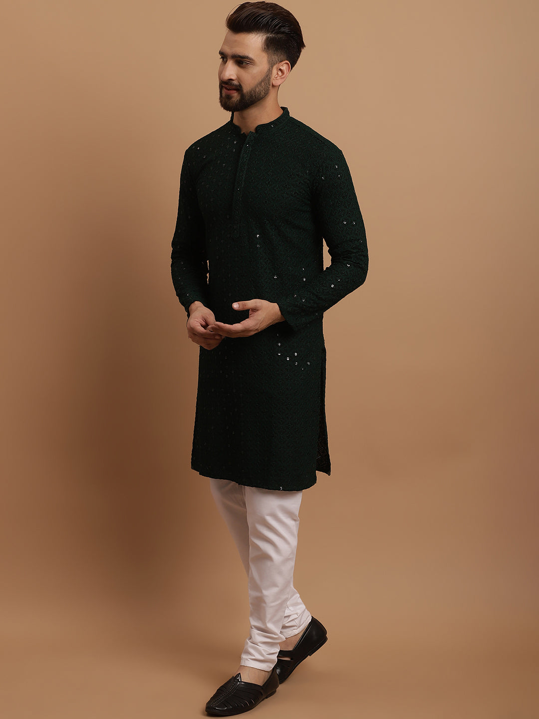 Men's Cotton Green Kurta and White Pyjama Cream Nehrujacket Set