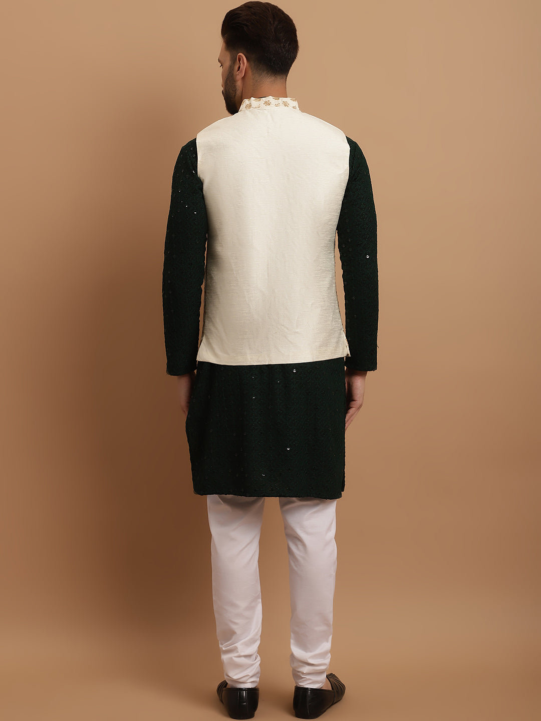 Men's Cotton Green Kurta and White Pyjama Cream Nehrujacket Set