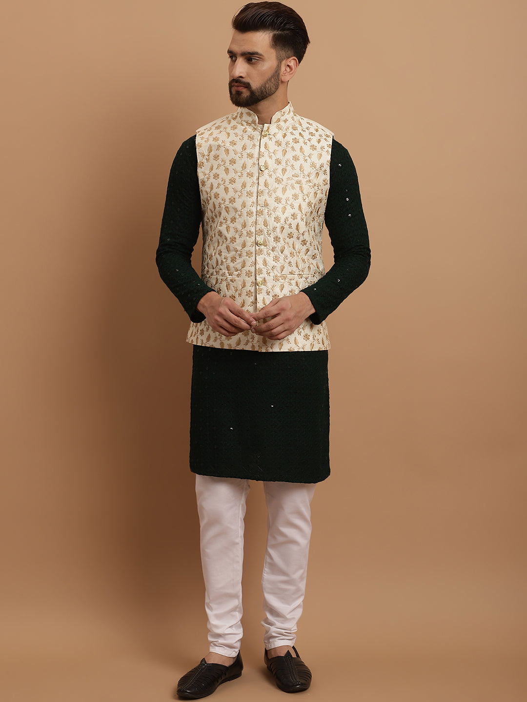 Men's Cotton Green Kurta and White Pyjama Cream Nehrujacket Set