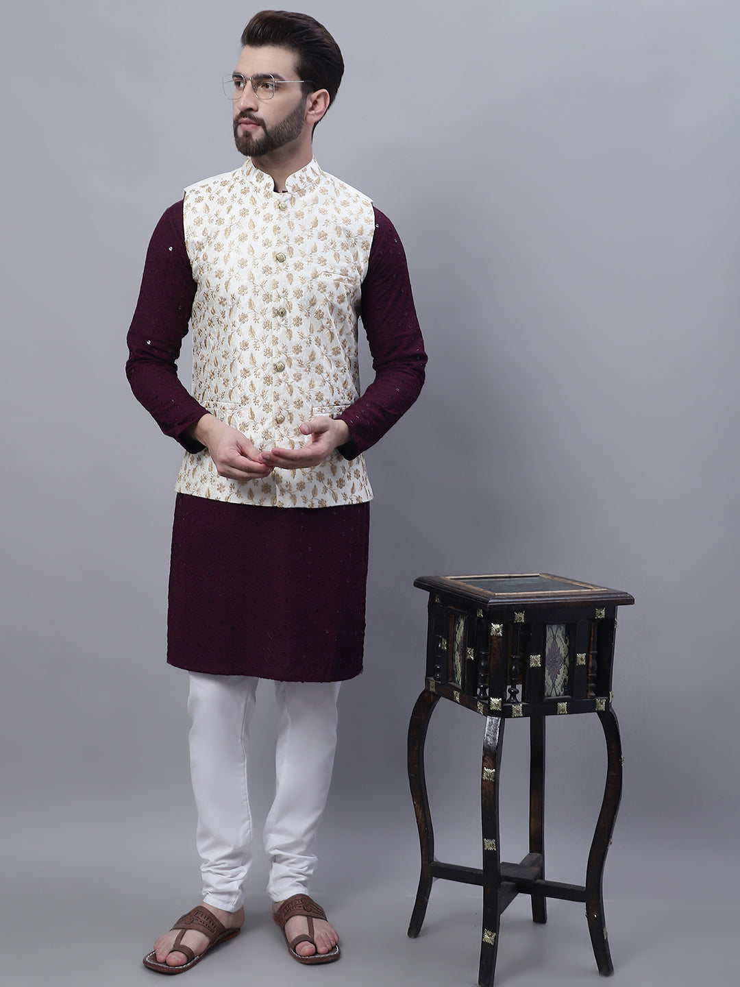 Men's Cotton Purple Kurta and White Pyjama Cream Nehrujacket Set