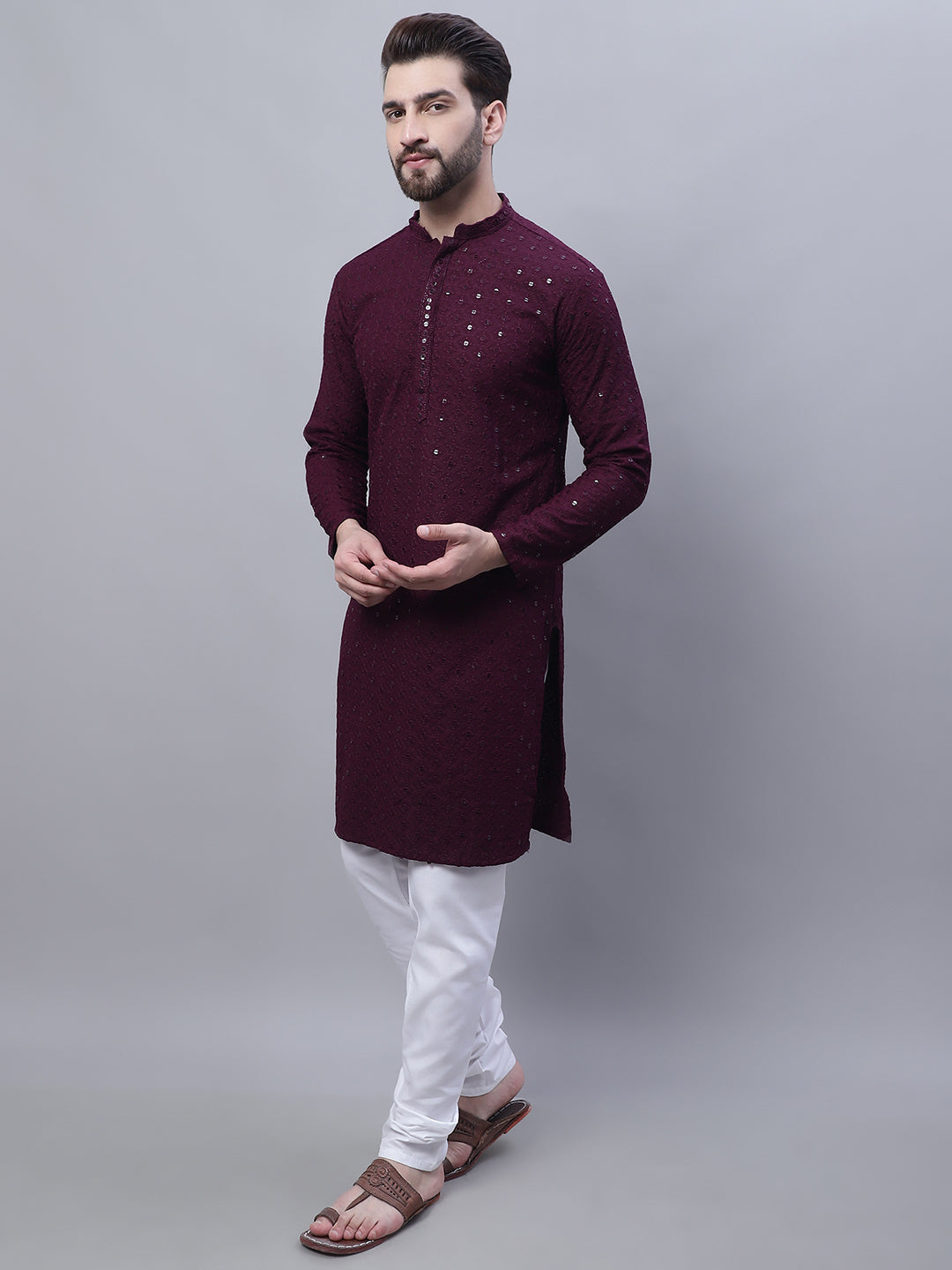 Men's Cotton Purple Kurta and White Pyjama Cream Nehrujacket Set