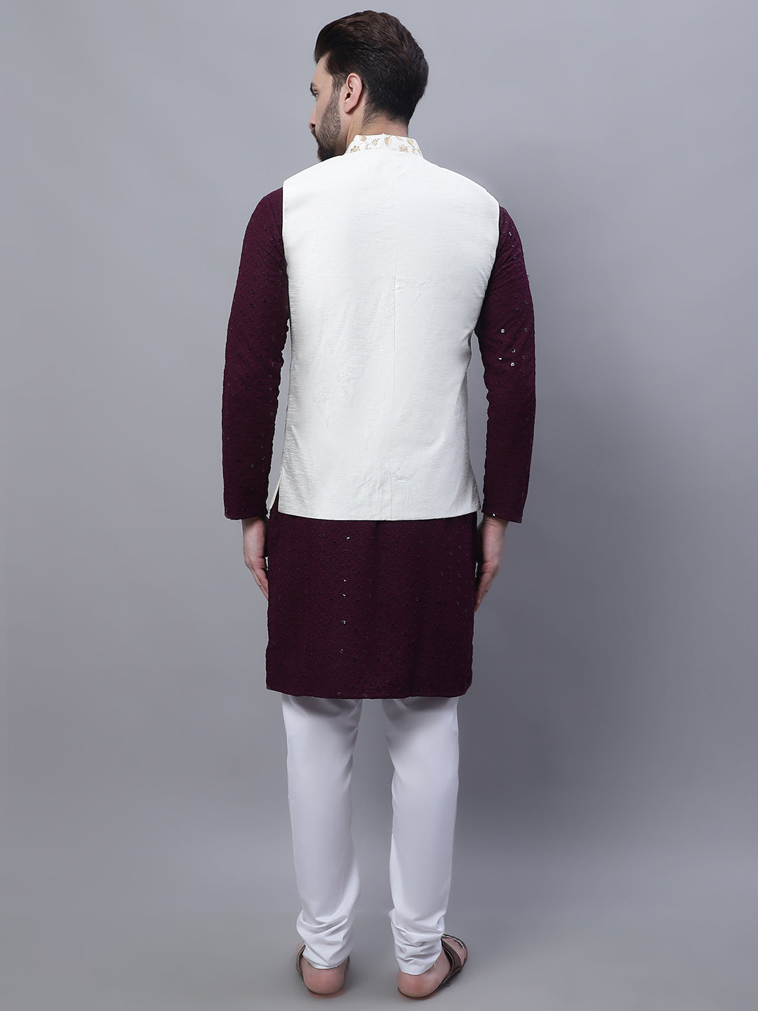 Men's Cotton Purple Kurta and White Pyjama Cream Nehrujacket Set