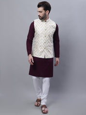 Sojanya Men's Cotton Purple Kurta and White Pyjama Cream Nehrujacket Set