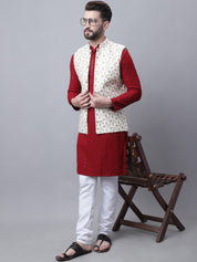 Men's Cotton Maroon Kurta and White Pyjama Cream Nehrujacket Set